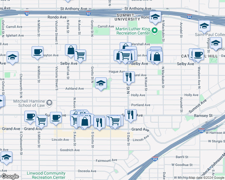 map of restaurants, bars, coffee shops, grocery stores, and more near 110 Saint Albans Street North in Saint Paul