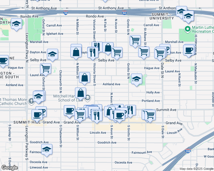 map of restaurants, bars, coffee shops, grocery stores, and more near 825 Ashland Avenue in Saint Paul