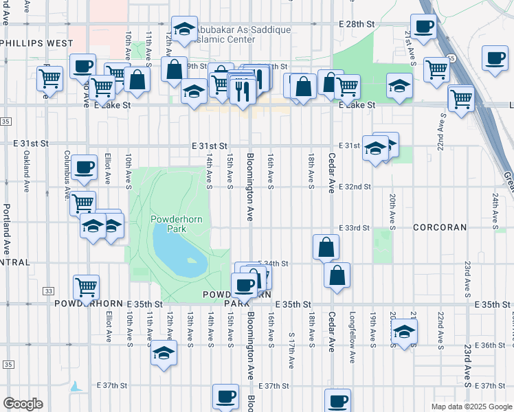 map of restaurants, bars, coffee shops, grocery stores, and more near 3205 Bloomington Avenue in Minneapolis