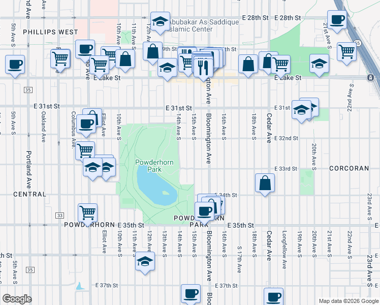 map of restaurants, bars, coffee shops, grocery stores, and more near 3201 South 15th Avenue in Minneapolis