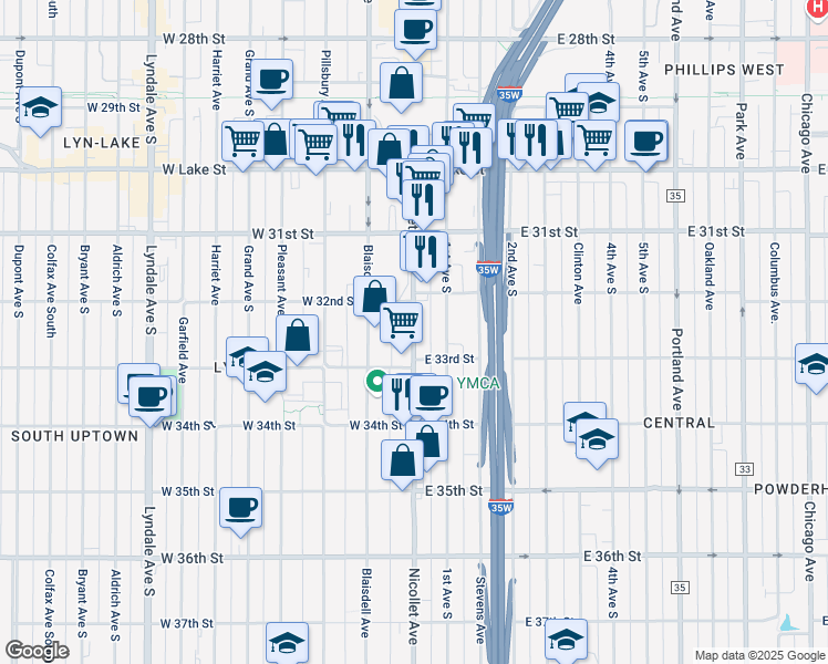map of restaurants, bars, coffee shops, grocery stores, and more near 3215 Nicollet Avenue in Minneapolis