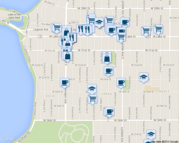 map of restaurants, bars, coffee shops, grocery stores, and more near 3201 Emerson Avenue South in Minneapolis