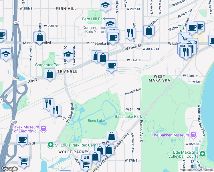 map of restaurants, bars, coffee shops, grocery stores, and more near 4410 Park Glen Road in St. Louis Park