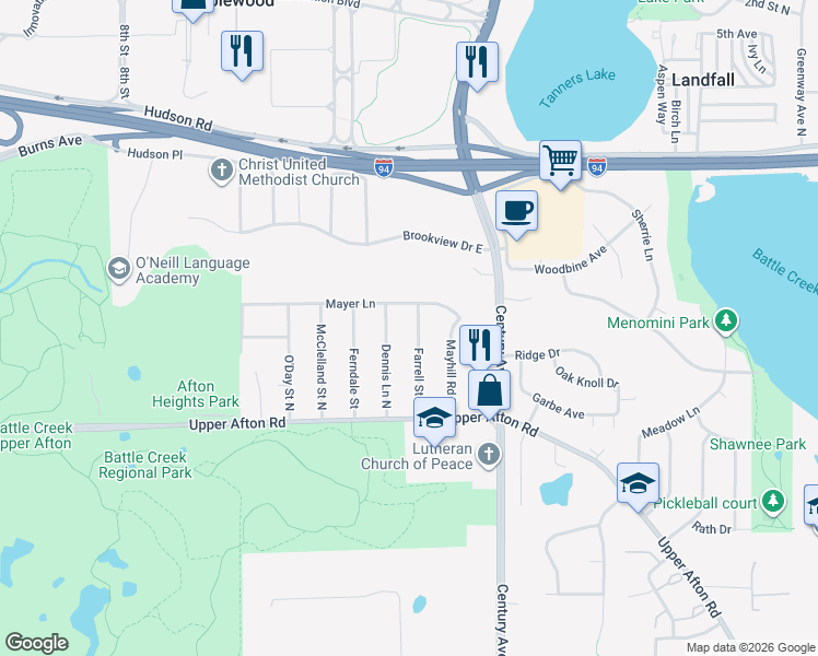 map of restaurants, bars, coffee shops, grocery stores, and more near 2656 Mayer Lane in Saint Paul