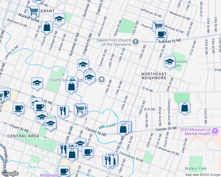 map of restaurants, bars, coffee shops, grocery stores, and more near 794 14th Street Northeast in Salem