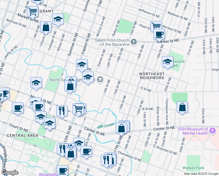 map of restaurants, bars, coffee shops, grocery stores, and more near 798 14th Street Northeast in Salem