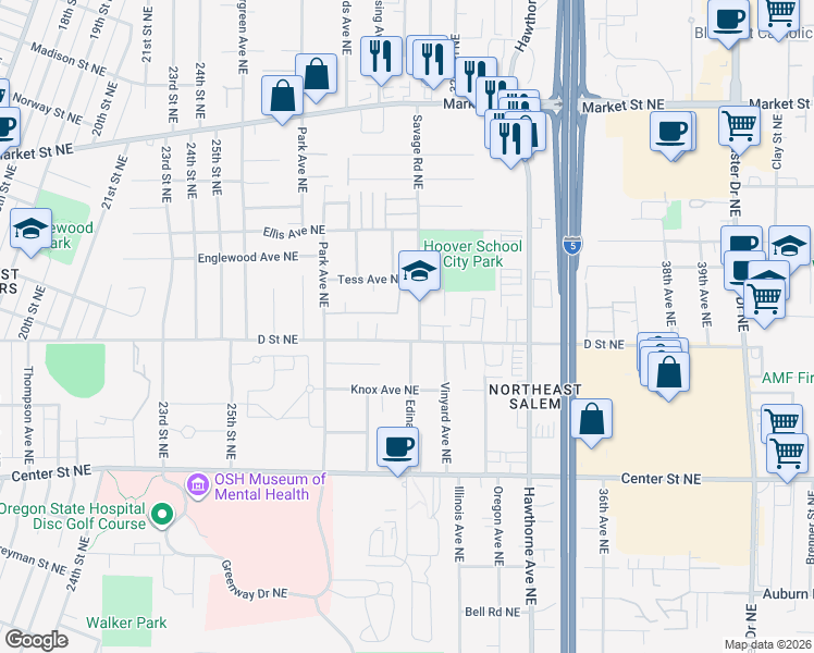 map of restaurants, bars, coffee shops, grocery stores, and more near 1003-1085 Savage Road Northeast in Salem