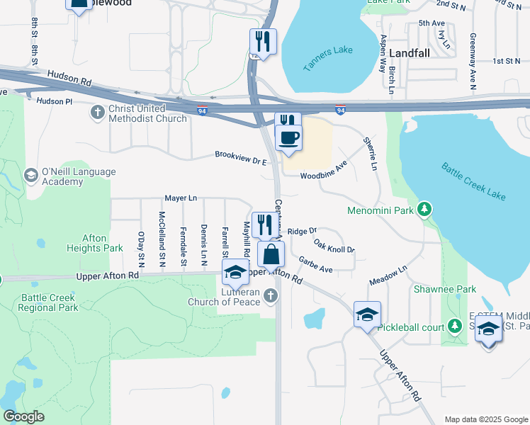 map of restaurants, bars, coffee shops, grocery stores, and more near 89 Century Avenue North in Saint Paul