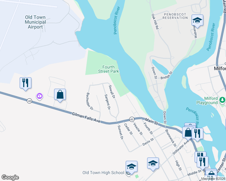 map of restaurants, bars, coffee shops, grocery stores, and more near 54 Sewall Drive in Old Town