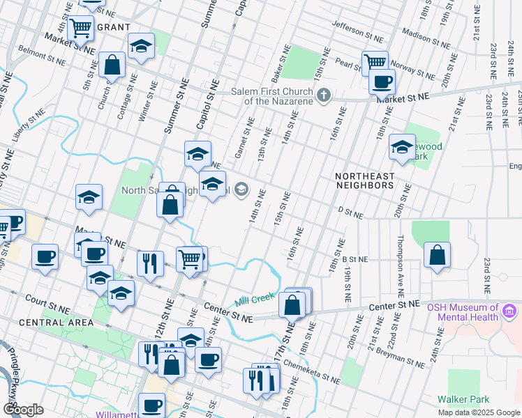 map of restaurants, bars, coffee shops, grocery stores, and more near 796 14th Street Northeast in Salem