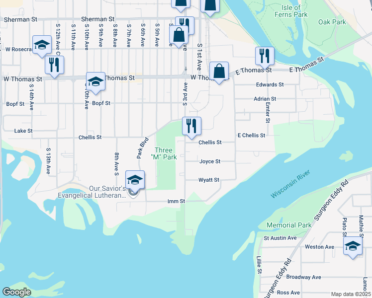 map of restaurants, bars, coffee shops, grocery stores, and more near 1317 South 3rd Avenue in Wausau