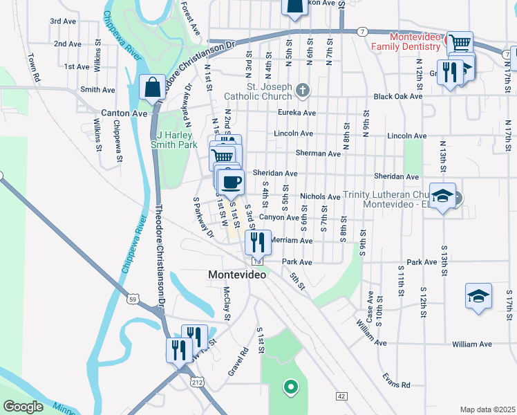 map of restaurants, bars, coffee shops, grocery stores, and more near 304 Nichols Avenue in Montevideo