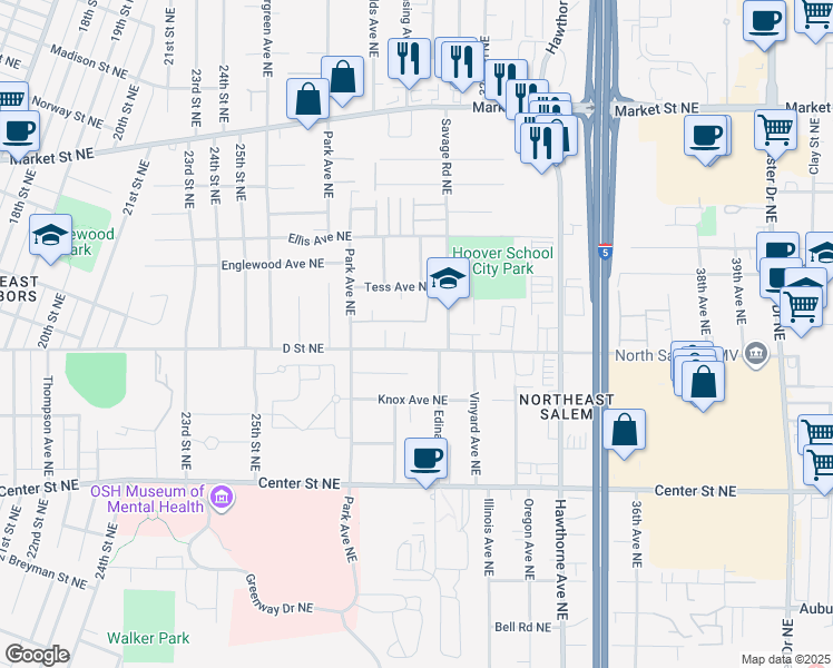 map of restaurants, bars, coffee shops, grocery stores, and more near 3140 Tess Avenue Northeast in Salem