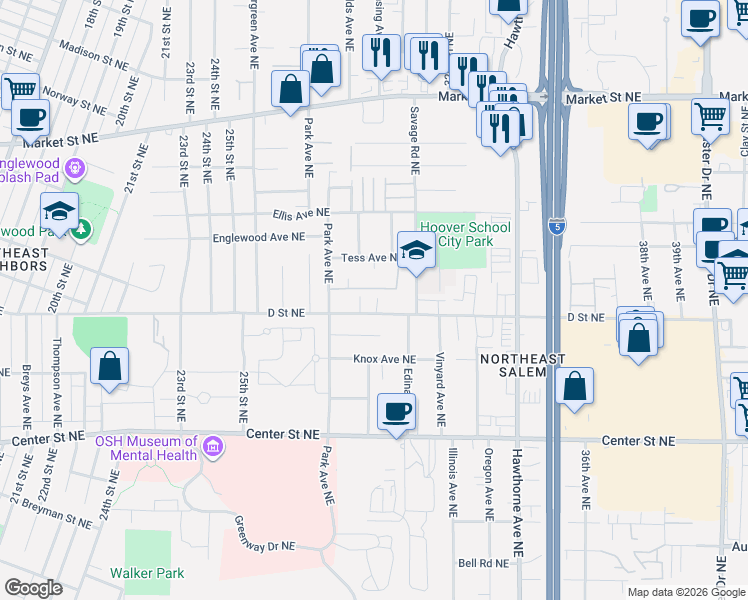 map of restaurants, bars, coffee shops, grocery stores, and more near 1068 Park Avenue Northeast in Salem