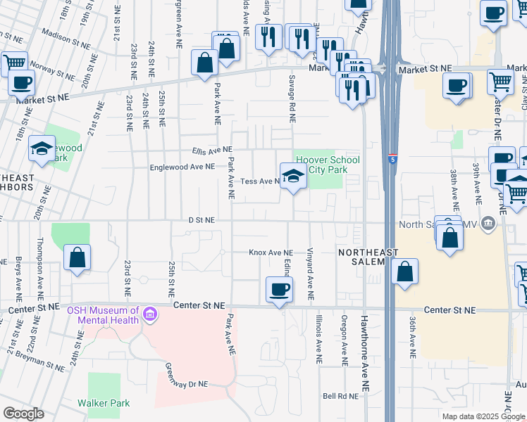 map of restaurants, bars, coffee shops, grocery stores, and more near 1068 Park Avenue Northeast in Salem