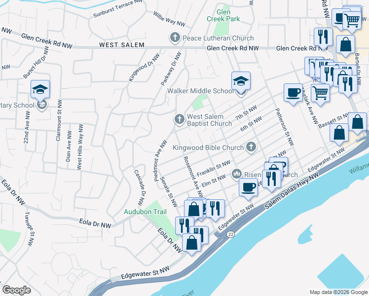 map of restaurants, bars, coffee shops, grocery stores, and more near 850 Rosemont Avenue Northwest in Salem