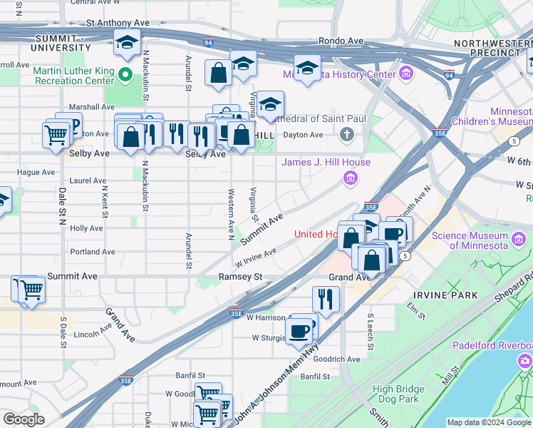 map of restaurants, bars, coffee shops, grocery stores, and more near 333 Maiden Lane in Saint Paul