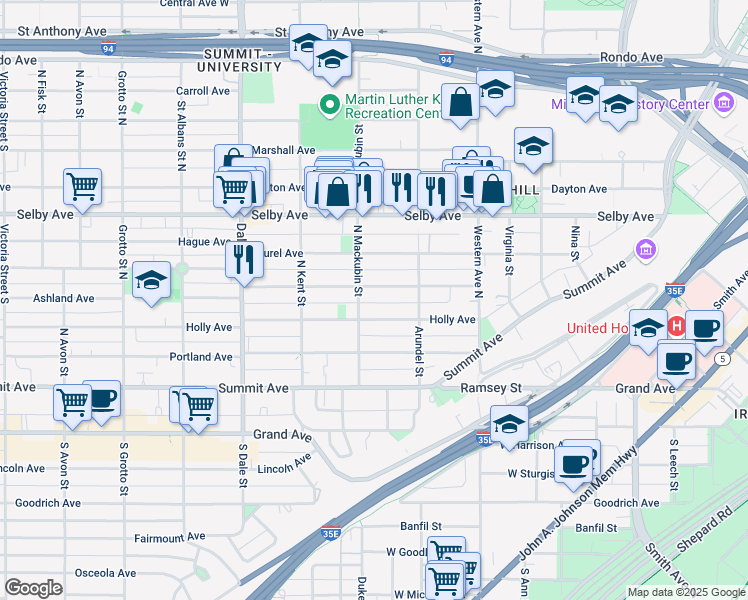 map of restaurants, bars, coffee shops, grocery stores, and more near 471 Ashland Avenue in Saint Paul