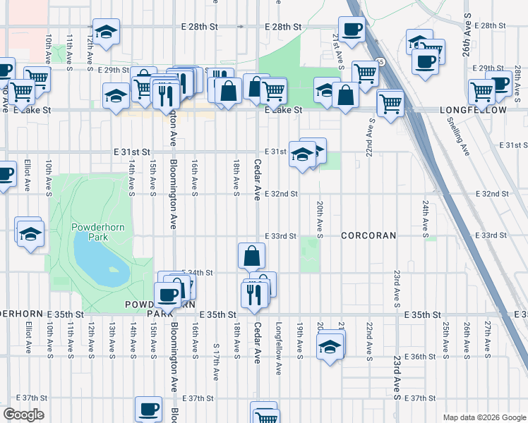 map of restaurants, bars, coffee shops, grocery stores, and more near 3206 Cedar Avenue in Minneapolis