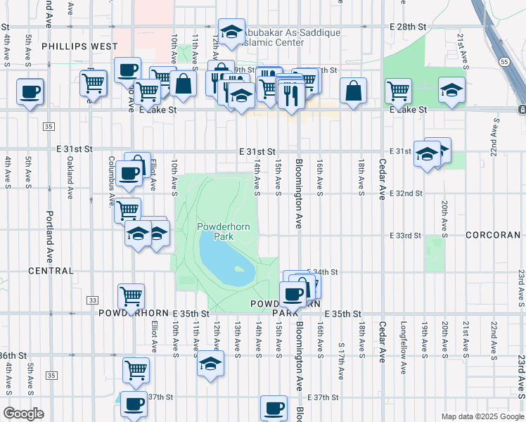 map of restaurants, bars, coffee shops, grocery stores, and more near 3207 14th Avenue South in Minneapolis