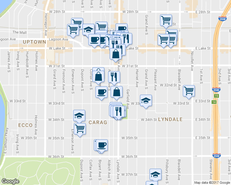 map of restaurants, bars, coffee shops, grocery stores, and more near 3203 Lyndale Avenue South in Minneapolis