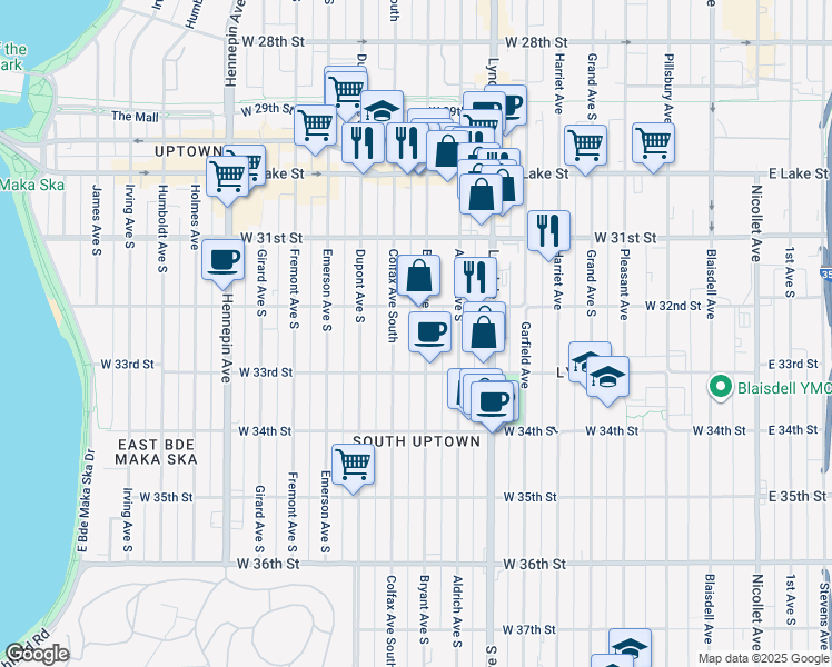 map of restaurants, bars, coffee shops, grocery stores, and more near in Minneapolis
