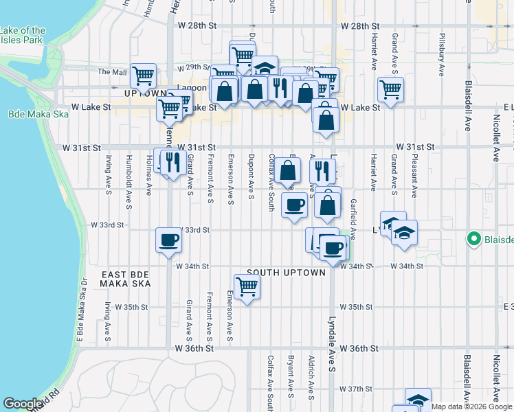 map of restaurants, bars, coffee shops, grocery stores, and more near 3204 Colfax Avenue South in Minneapolis