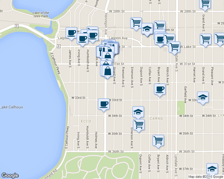 map of restaurants, bars, coffee shops, grocery stores, and more near 3201 Girard Avenue South in Minneapolis