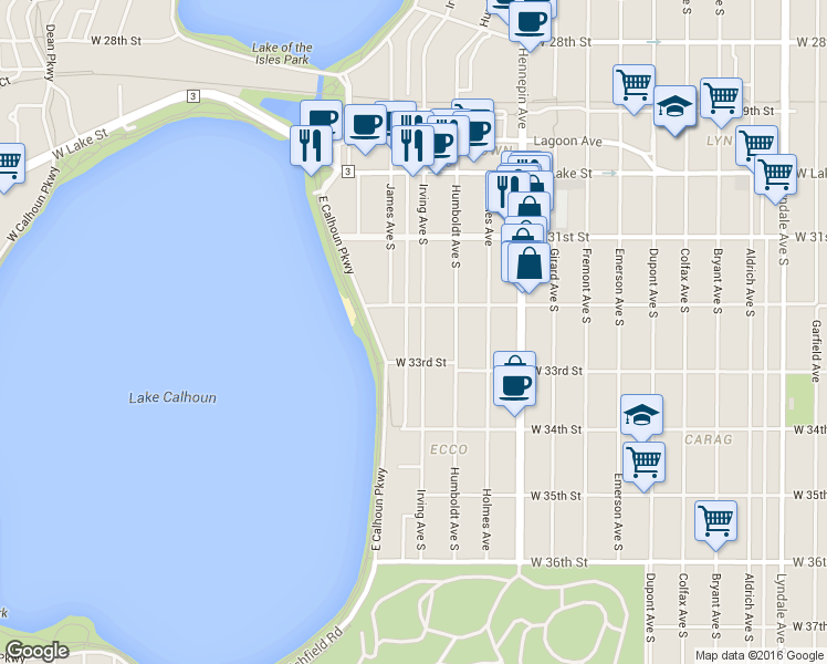 map of restaurants, bars, coffee shops, grocery stores, and more near 1611 West 32nd Street in Minneapolis