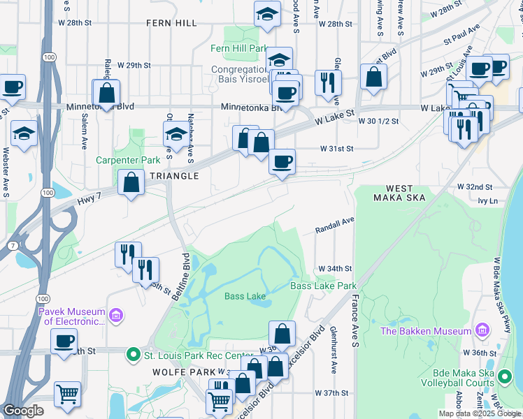 map of restaurants, bars, coffee shops, grocery stores, and more near 4410 Park Glen Road in St. Louis Park