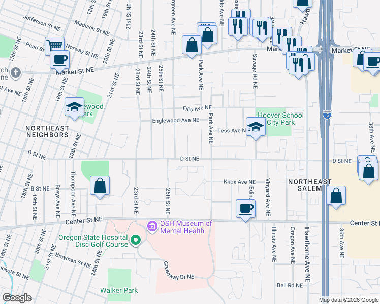 map of restaurants, bars, coffee shops, grocery stores, and more near 1016 Icel Court Northeast in Salem