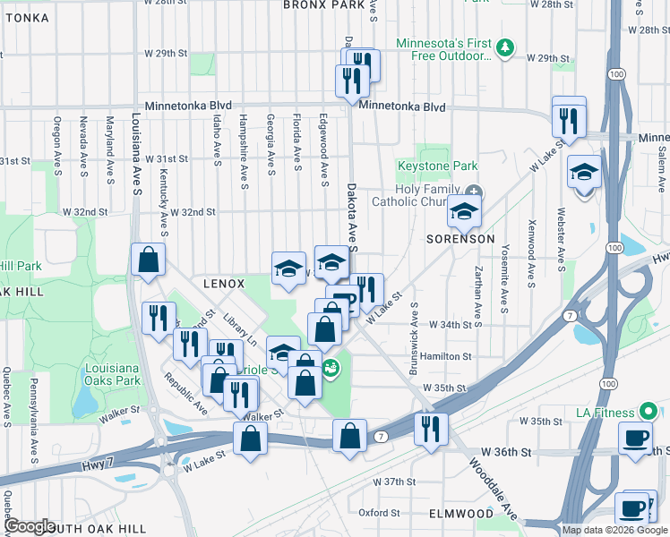 map of restaurants, bars, coffee shops, grocery stores, and more near 3239 Edgewood Avenue South in Minneapolis
