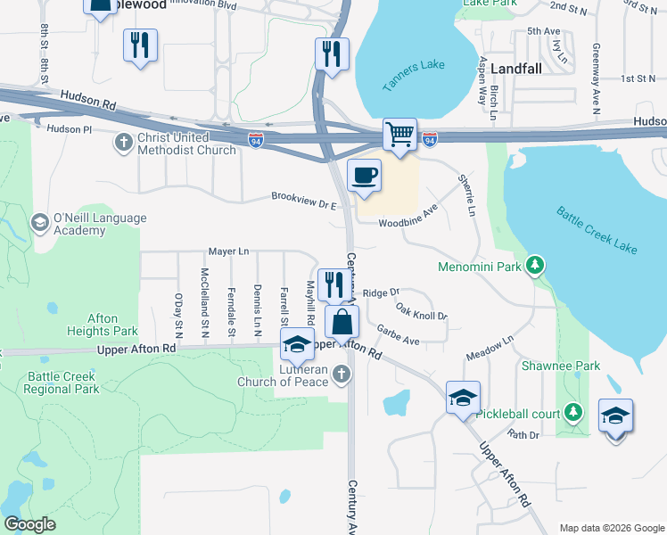 map of restaurants, bars, coffee shops, grocery stores, and more near 89 Century Avenue South in Saint Paul