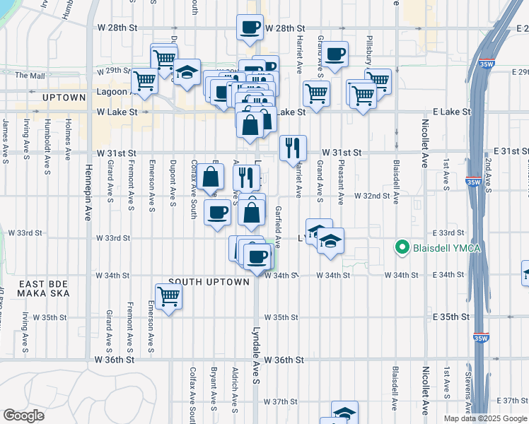 map of restaurants, bars, coffee shops, grocery stores, and more near 3203 Lyndale Avenue South in Minneapolis