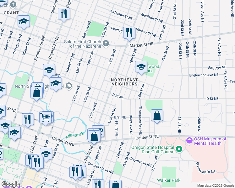 map of restaurants, bars, coffee shops, grocery stores, and more near 917 18th Street Northeast in Salem