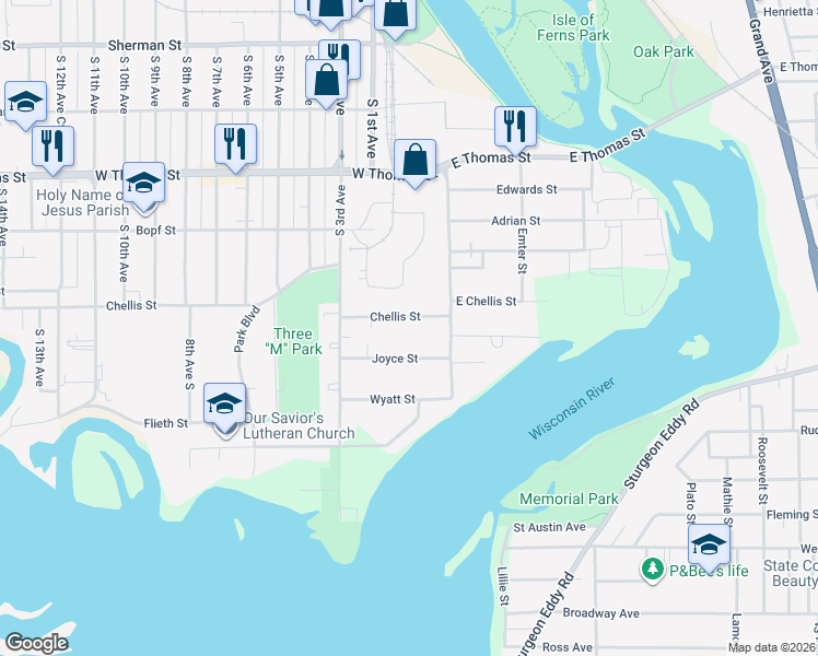 map of restaurants, bars, coffee shops, grocery stores, and more near 234 Chellis Street in Wausau