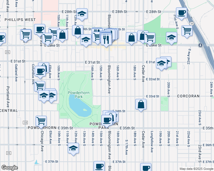 map of restaurants, bars, coffee shops, grocery stores, and more near 3201 South 15th Avenue in Minneapolis