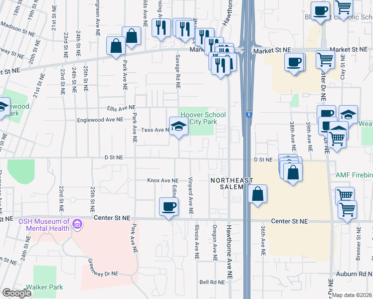 map of restaurants, bars, coffee shops, grocery stores, and more near 1104 Savage Road Northeast in Salem