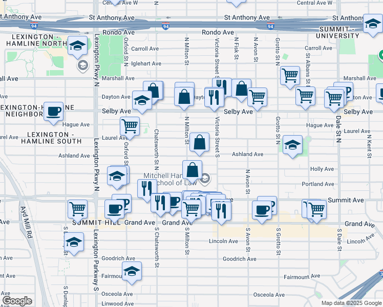map of restaurants, bars, coffee shops, grocery stores, and more near 913 Ashland Avenue in Saint Paul