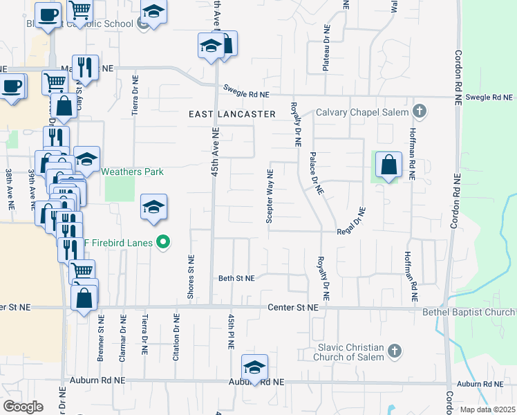 map of restaurants, bars, coffee shops, grocery stores, and more near 4580 Swallow Court Northeast in Salem