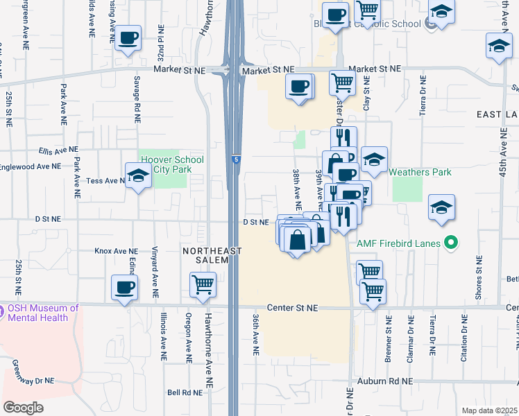 map of restaurants, bars, coffee shops, grocery stores, and more near 1136 37th Place Northeast in Salem