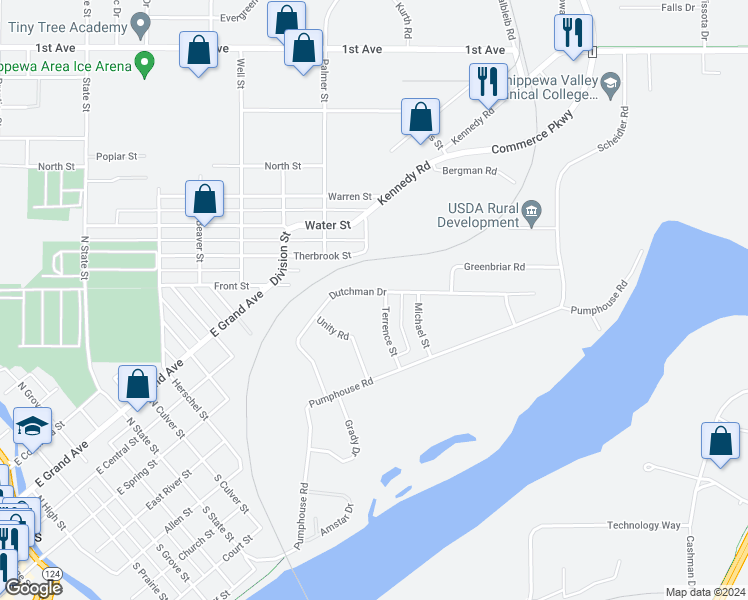 map of restaurants, bars, coffee shops, grocery stores, and more near 780 Dutchman Drive in Chippewa Falls