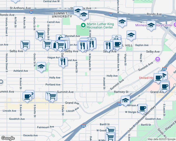 map of restaurants, bars, coffee shops, grocery stores, and more near 501 Ashland Avenue in Saint Paul