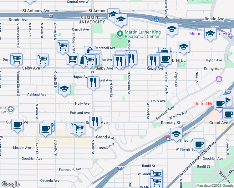 map of restaurants, bars, coffee shops, grocery stores, and more near 545 Ashland Avenue in Saint Paul