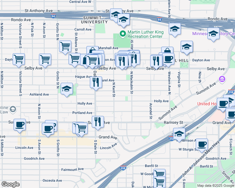 map of restaurants, bars, coffee shops, grocery stores, and more near 545 Ashland Avenue in Saint Paul