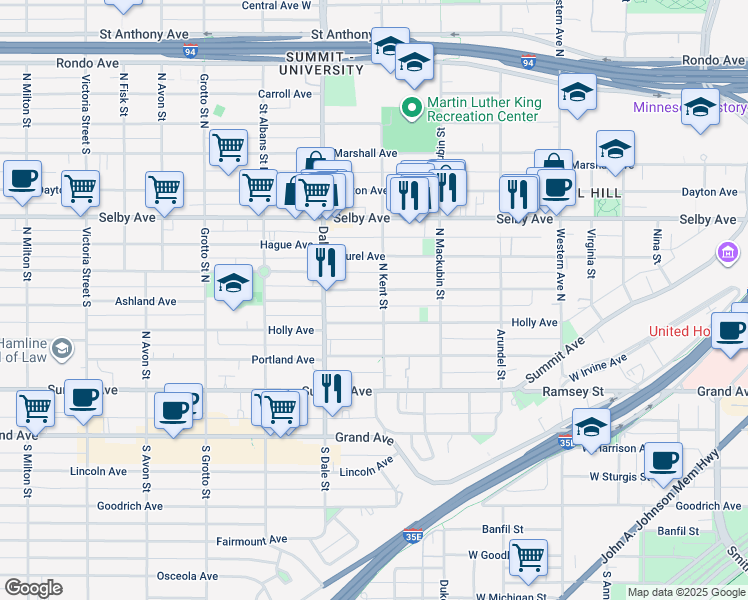 map of restaurants, bars, coffee shops, grocery stores, and more near 575 Ashland Avenue in Saint Paul