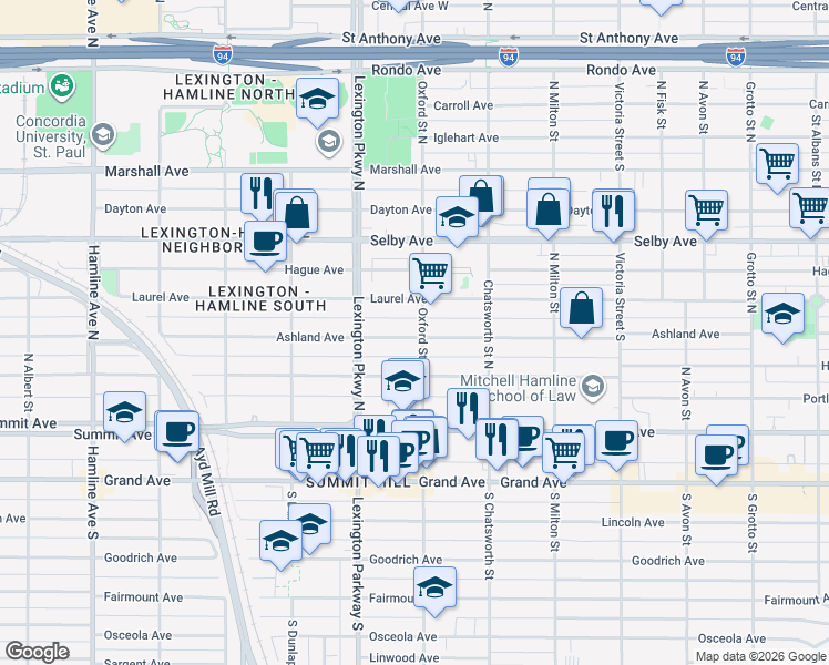 map of restaurants, bars, coffee shops, grocery stores, and more near in Saint Paul