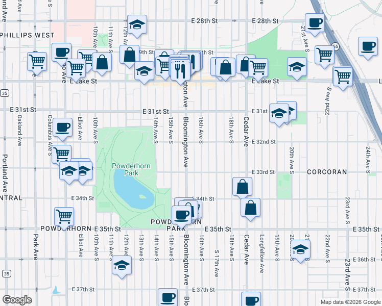 map of restaurants, bars, coffee shops, grocery stores, and more near 3205 Bloomington Avenue in Minneapolis