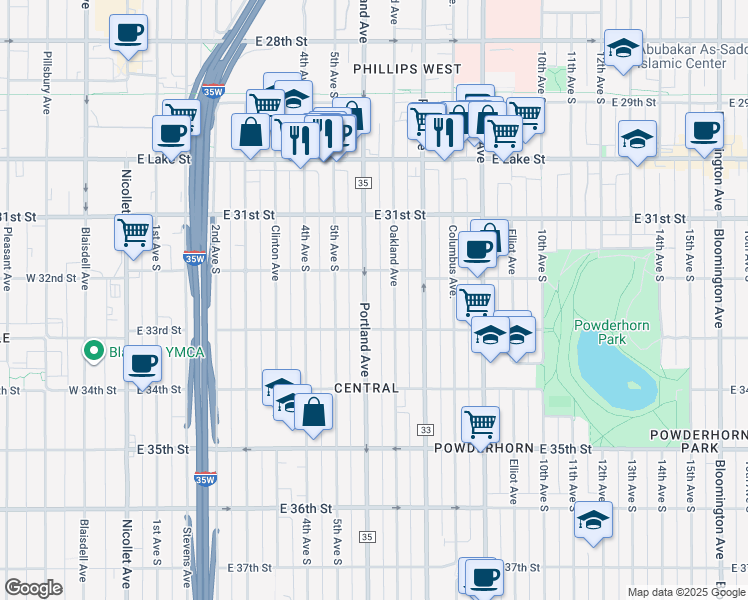map of restaurants, bars, coffee shops, grocery stores, and more near 3214 Oakland Avenue in Minneapolis