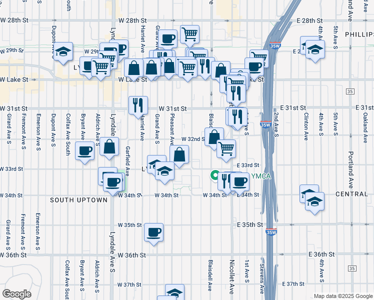 map of restaurants, bars, coffee shops, grocery stores, and more near 209 West 32nd Street in Minneapolis